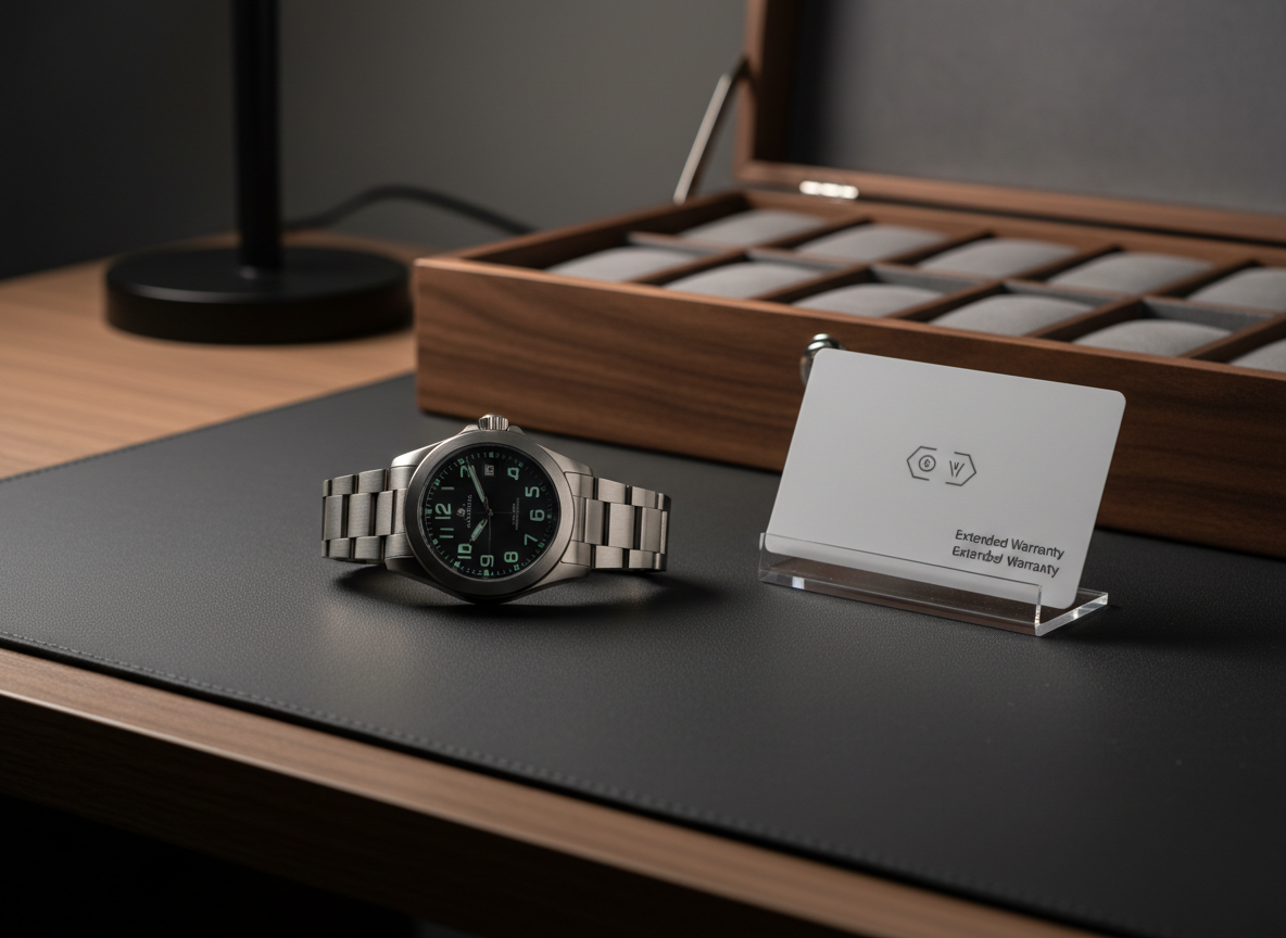 Escena fotográfica de un escritorio contemporáneo en tonos oscuros, donde un reloj deportivo de lujo de segunda mano con brazalete de acero satinado y esfera negra con numerales luminosos descansa sobre una alfombrilla de cuero antracita. A su lado, apoyada contra un soporte acrílico transparente, aparece una tarjeta rígida sin texto con iconografía sutil que sugiere certificación de autenticidad y garantía extendida. Al fondo, ligeramente desenfocado, un organizador de relojes en madera de nogal con compartimentos vacíos forrados en gamuza gris, destacando el enfoque en selección cuidada. Iluminación lateral cálida proveniente de una lámpara de mesa fuera de cuadro, creando reflejos suaves sobre el metal y una atmósfera serena y confiable. Toma a nivel de mesa, regla de tercios, profundidad de campo reducida, estética moderna y sofisticada.
