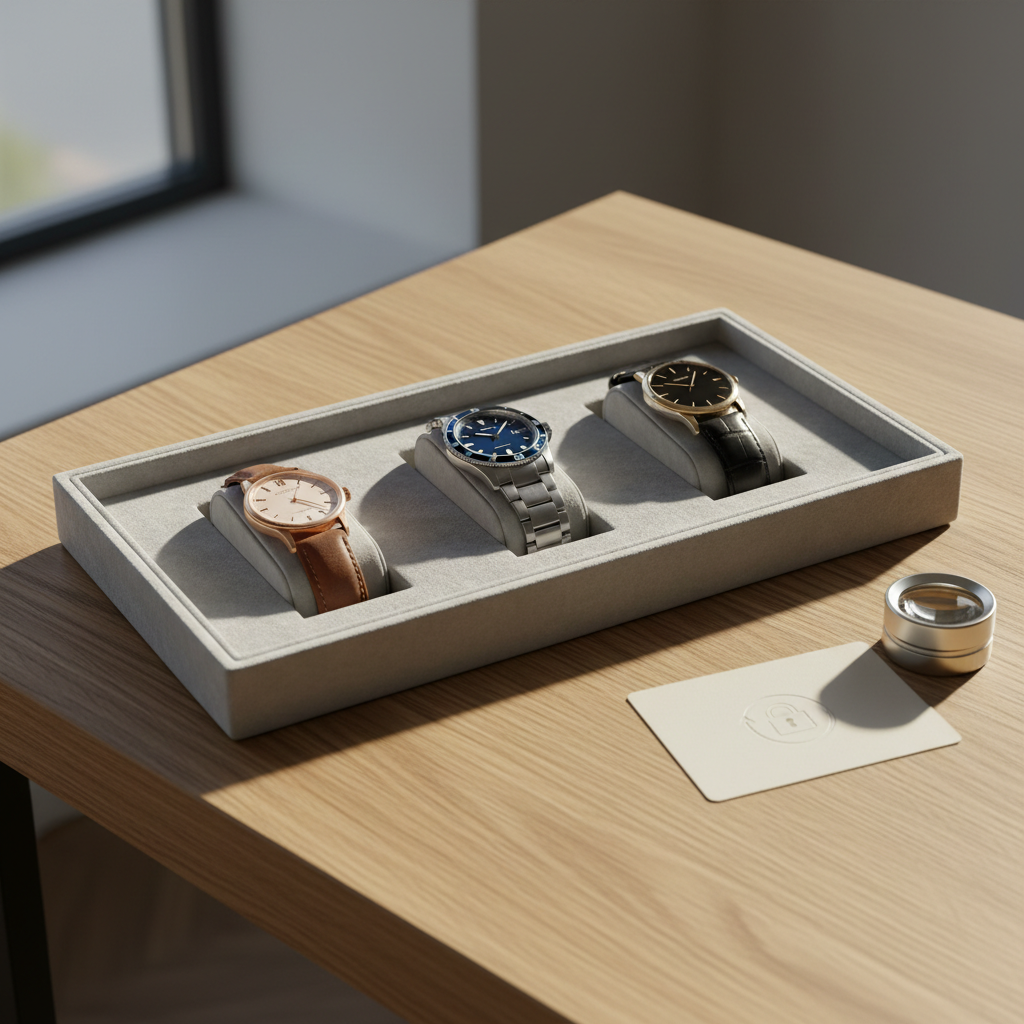 Una composición fotográfica horizontal mostrando una cuidada selección de relojes de lujo de segunda mano dispuestos en una bandeja forrada en terciopelo gris claro sobre una mesa de roble claro minimalista. Se ven un reloj clásico de oro rosa con correa de piel marrón, un deportivo de acero con brazalete integrado y un elegante modelo ultraplano con correa de cocodrilo negra, todos con ligeros signos de uso bien conservados. A un lado, una tarjeta neutra sin texto con un sutil icono grabado que simboliza garantía y devoluciones transparentes, y una lupa de relojero cromada que sugiere autenticidad verificada. Luz natural suave de tarde entrando por una gran ventana fuera de plano, creando sombras delicadas. Tomado desde un ángulo ligeramente elevado, estilo realista, atmósfera calmada, ordenada y sofisticada.